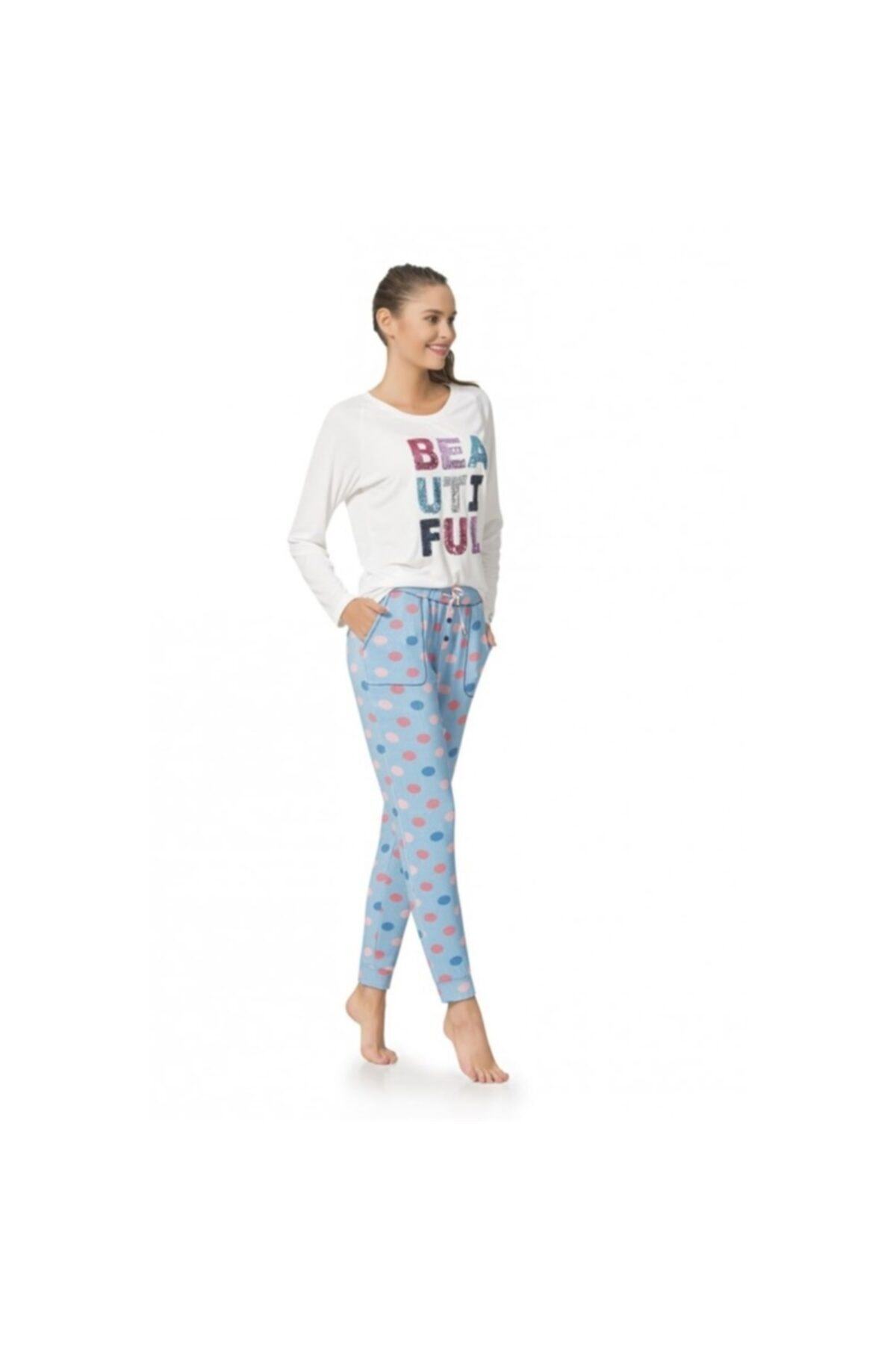 Kadın Ekru  Puantiyeli Pijama Takımı 1030