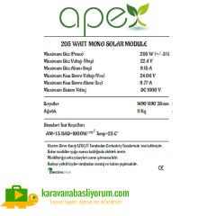 Apex 205 Watt Güneş Paneli Monokristal Güneş Paneli 205-M