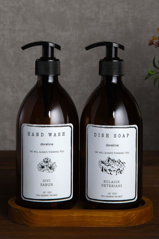 Ahşap Stantlı 2'li Amber Cam Sıvı Sabun Bulaşık Deterjanı Şişesi Sabunluk 500ml
