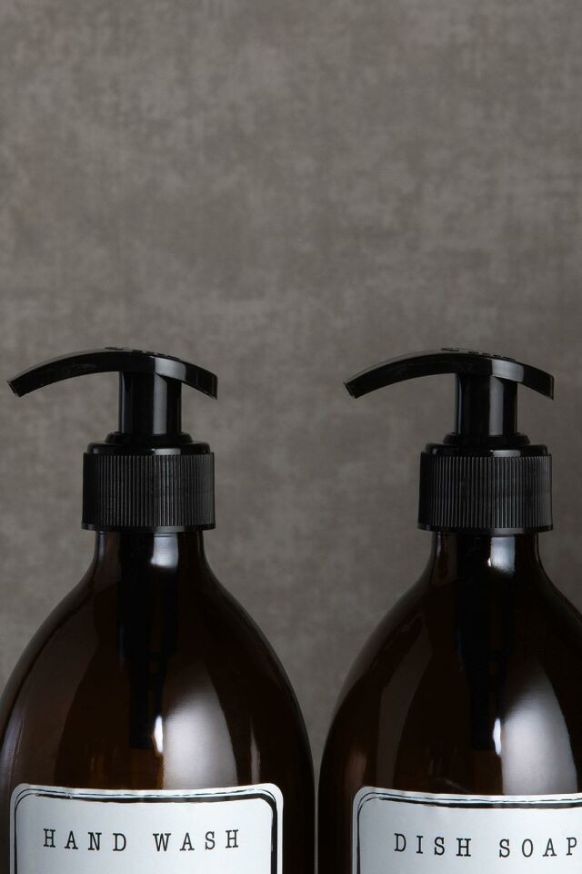 Ahşap Stantlı 2'li Amber Cam Sıvı Sabun Bulaşık Deterjanı Şişesi Sabunluk 500ml