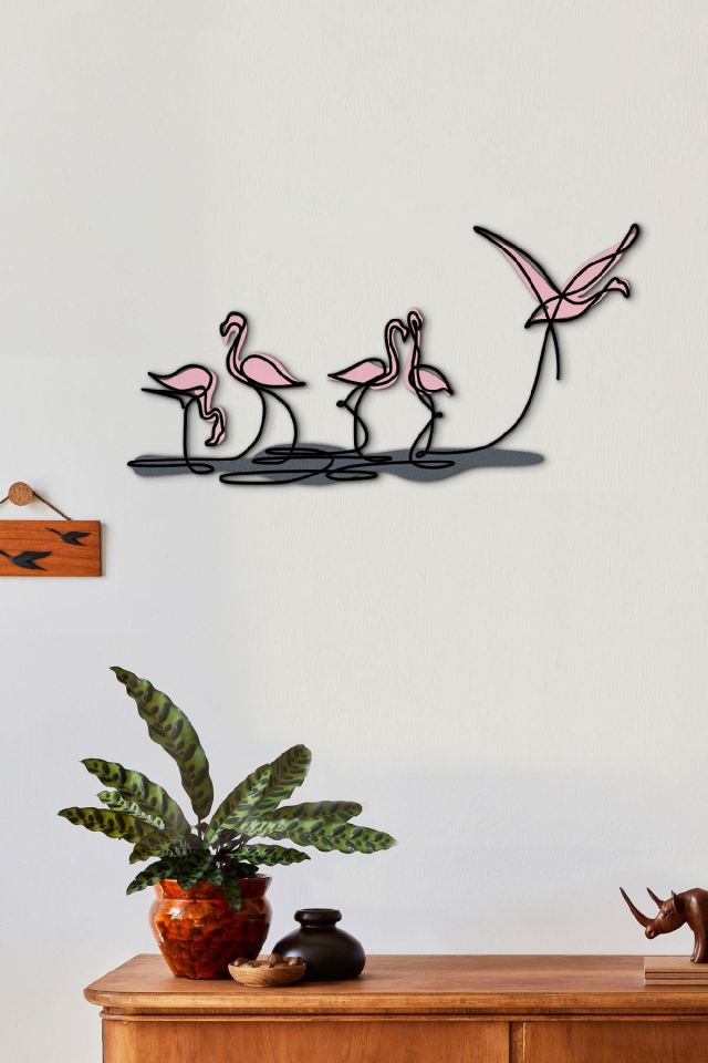 DoreArt Flamingo Ahşap Detaylı Metal Duvar Tablosu, Ev Ofis Duvar Panosu