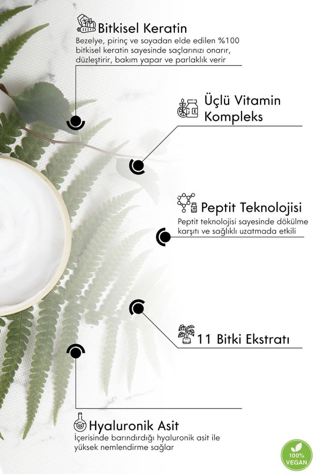 Bitkisel Düzleştirici Onarıcı Parlaklık Veren Dökülme Karşıtı Ve Uzatma Etkili Vegan Saç Maskesi