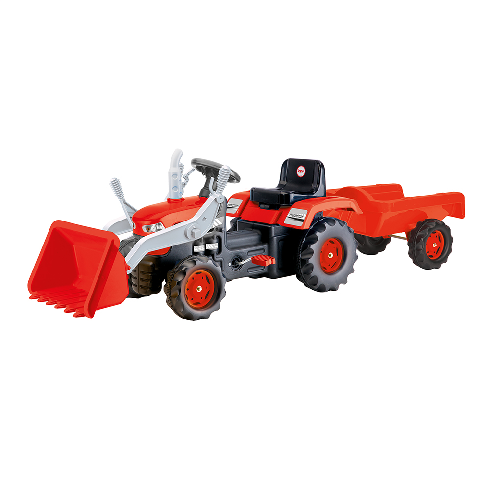 Traktor mit vollem Anhänger und Schaufelpedal Rot