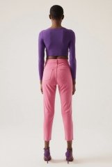 Likralı Paçası Kesik Mom Jean Pantolon Pembe