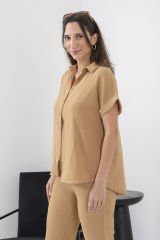 Kısa Kol Gömlek Krinkıl Kumaş Camel