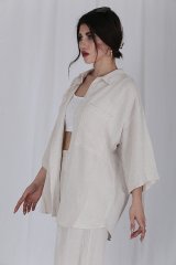 Tek Cepli Oversize Keten Gömlek Kemik Rengi