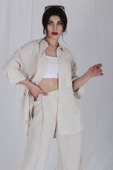Tek Cepli Oversize Keten Gömlek Kemik Rengi