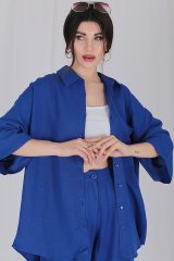 Tek Cepli Oversize Keten Gömlek Saks Mavisi