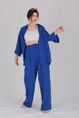 Tek Cepli Oversize Keten Gömlek Saks Mavisi
