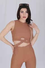 Alt-Üst Takım Crop Body ve İspanyol Paça Yırtmaç Detaylı Tayt Kahverengi