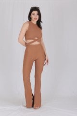 Alt-Üst Takım Crop Body ve İspanyol Paça Yırtmaç Detaylı Tayt Kahverengi