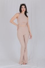 Alt-Üst Takım Crop Body ve İspanyol Paça Yırtmaç Detaylı Tayt Taş Rengi