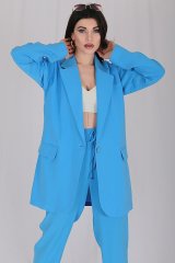 Kruvaze Yaka Oversize Tek Düğme Yazlık Ceket Mavi