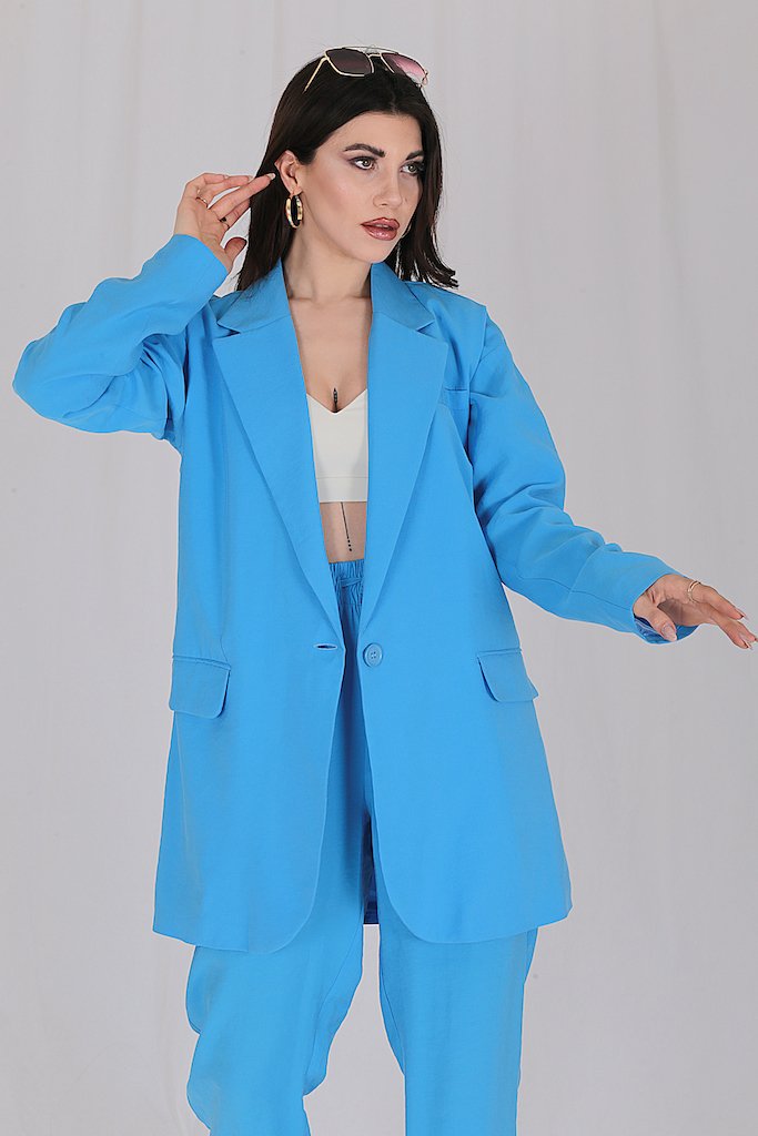 Kruvaze Yaka Oversize Tek Düğme Yazlık Ceket Mavi