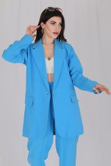 Kruvaze Yaka Oversize Tek Düğme Yazlık Ceket Mavi