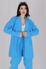 Kruvaze Yaka Oversize Tek Düğme Yazlık Ceket Mavi