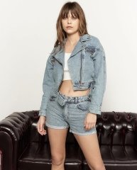 Kruvaze Yaka Crop Fermuarlı Denim Ceket Kar Mavi