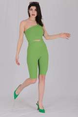Tek Omuz Spor Crop Bluz Yeşil