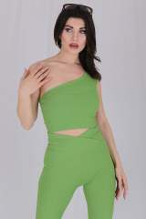 Tek Omuz Spor Crop Bluz Yeşil