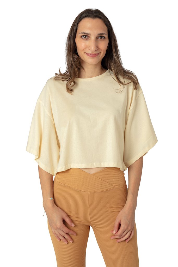 Oversize Crop T-shirt %100 Pamuklu Krem Rengi