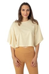 Oversize Crop T-shirt %100 Pamuklu Krem Rengi