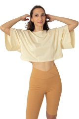 Oversize Crop T-shirt %100 Pamuklu Krem Rengi