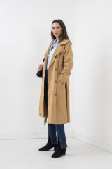 Camel Kruvaze Yaka Sırt Detaylı Kemerli Oversize Trençkot