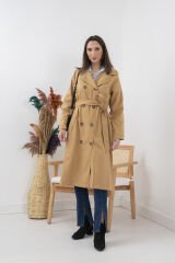 Camel Kruvaze Yaka Sırt Detaylı Kemerli Oversize Trençkot