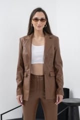 Sütlü Kahve Vegan Deri Çift Düğme Kadın Blazer Ceket