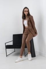 Sütlü Kahve Vegan Deri Çift Düğme Kadın Blazer Ceket