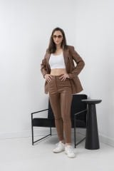 Kahverengi Yüksek Bel Skinny Vegan Deri Pantolon