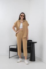 Camel Kısa Kol Düğmeli Gömlek & Pantolon Takım