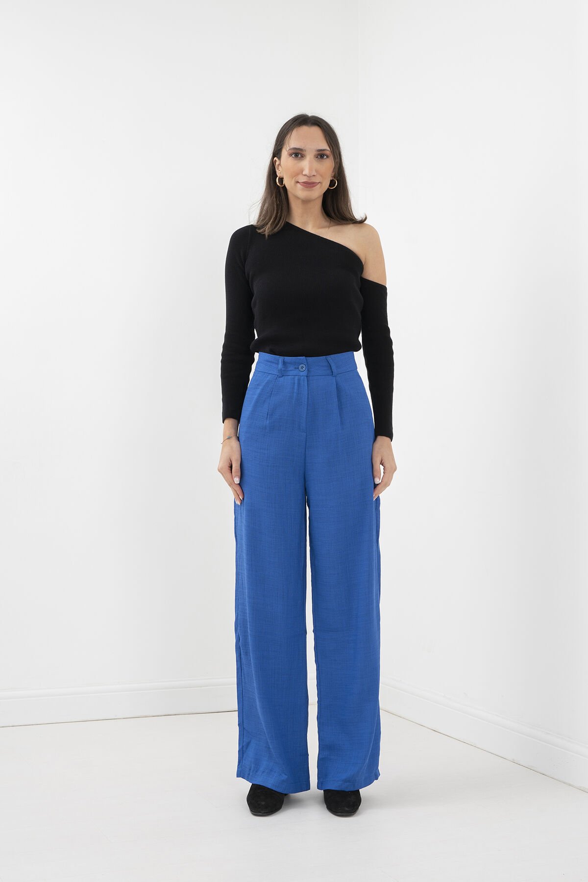 Saks Mavisi Tek Pli Bol Paça Pantolon