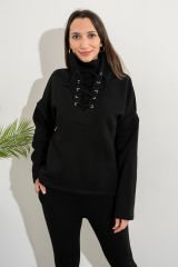 Siyah Kuşgözü Detaylı Şardonlu Kumaş Sweatshirt