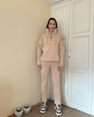 Bej Kuşgözü Detaylı Şardonlu Kumaş Sweatshirt