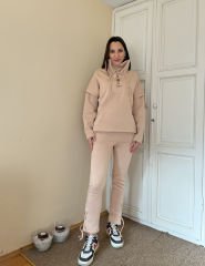 Bej Kuşgözü Detaylı Şardonlu Kumaş Sweatshirt