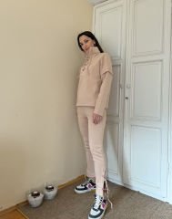 Bej Kuşgözü Detaylı Şardonlu Kumaş Sweatshirt