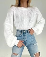 Beyaz Triko Crop Örgü Detaylı Oversize Kazak