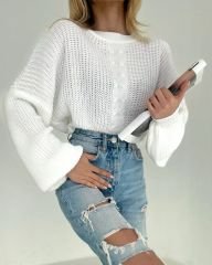 Beyaz Triko Crop Örgü Detaylı Oversize Kazak