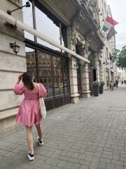 Pembe Balon Kol Kısa Elbise