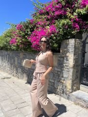 Bej Rengi Yelek Bol Pantolon Takım