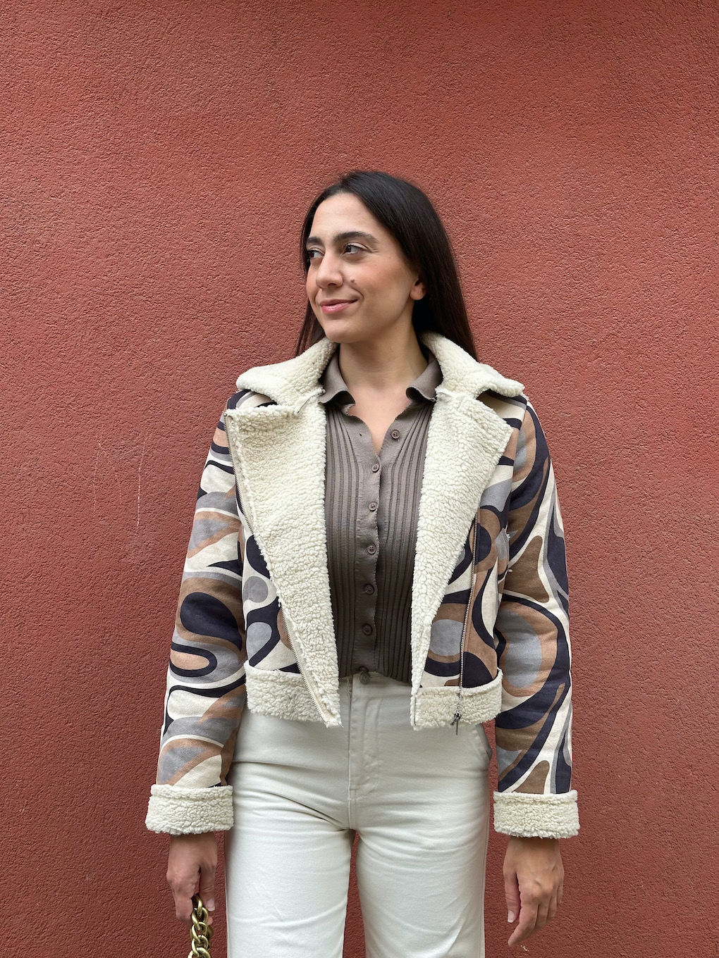 Renkli Peluş Crop Mont