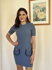 Chic Gold Cep Detaylı Mavi Elbise