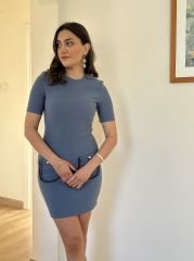 Chic Gold Cep Detaylı Mavi Elbise