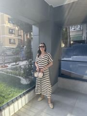 Siyah Bej Çizgili Plaj Elbise