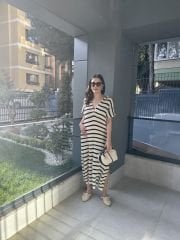 Siyah Bej Çizgili Plaj Elbise