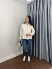Ekru Çift Cepli Oversize Gömlek