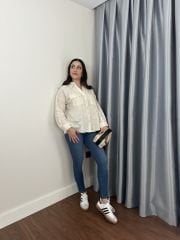 Ekru Çift Cepli Oversize Gömlek