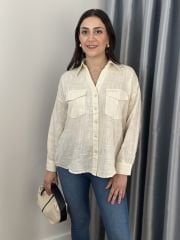 Ekru Çift Cepli Oversize Gömlek