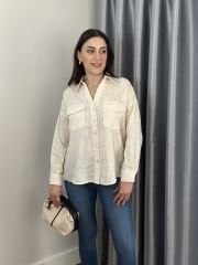 Ekru Çift Cepli Oversize Gömlek